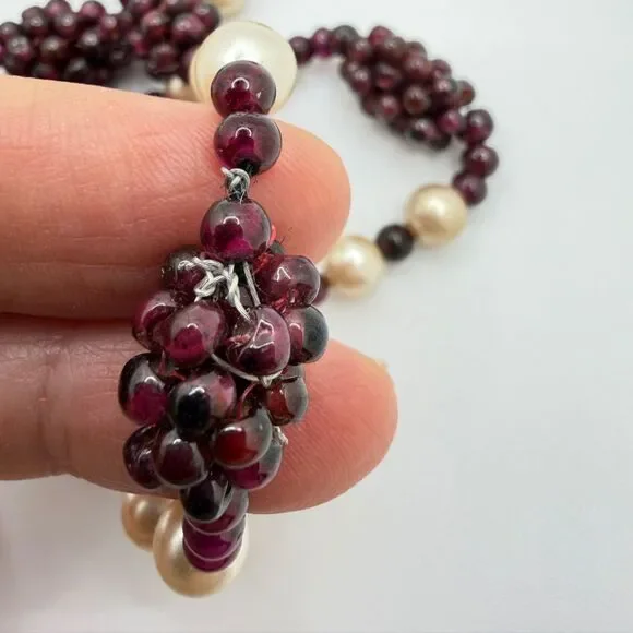 30" Slip over Vintage GARNET "grape" cluster and faux pearl necklace! - Picture 7 of 13